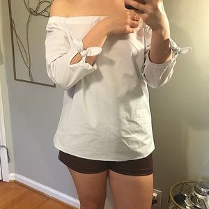 Cupio Off-Shoulder White Blouse with Ties on Sleeves